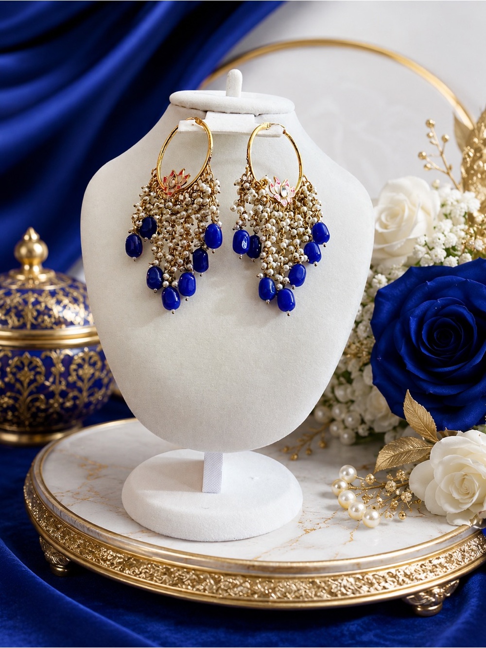 Blue and Gold Beaded Hoop Earrings - Women Jewelry